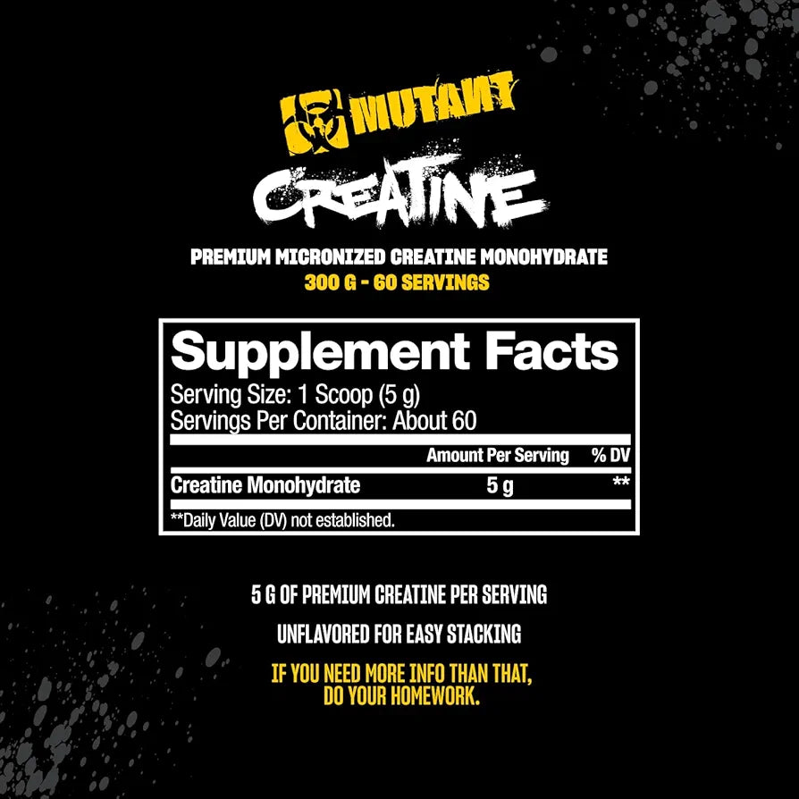 Mutant Creatine - Creatine Monohydrate Micronized Powder - Creatine Powder Supplement for Enhanced high-Intensity Performance - 60 Servings- 300 g - Unflavored