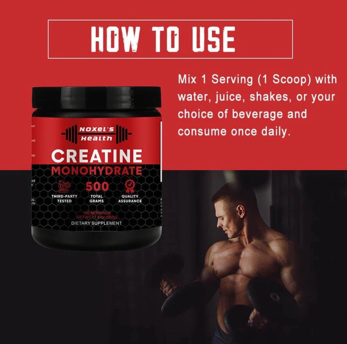 Noxels Health Creatine Monohydrate Powder - 100 Servings (5g) of Micronized Creatine Powder per Serving Creatine Pre Workout Creatine for Building Muscle Creatine Monohydrate 500g (1.1 lbs)