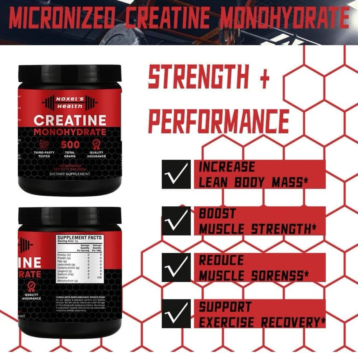 Noxels Health Creatine Monohydrate Powder - 100 Servings (5g) of Micronized Creatine Powder per Serving Creatine Pre Workout Creatine for Building Muscle Creatine Monohydrate 500g (1.1 lbs)