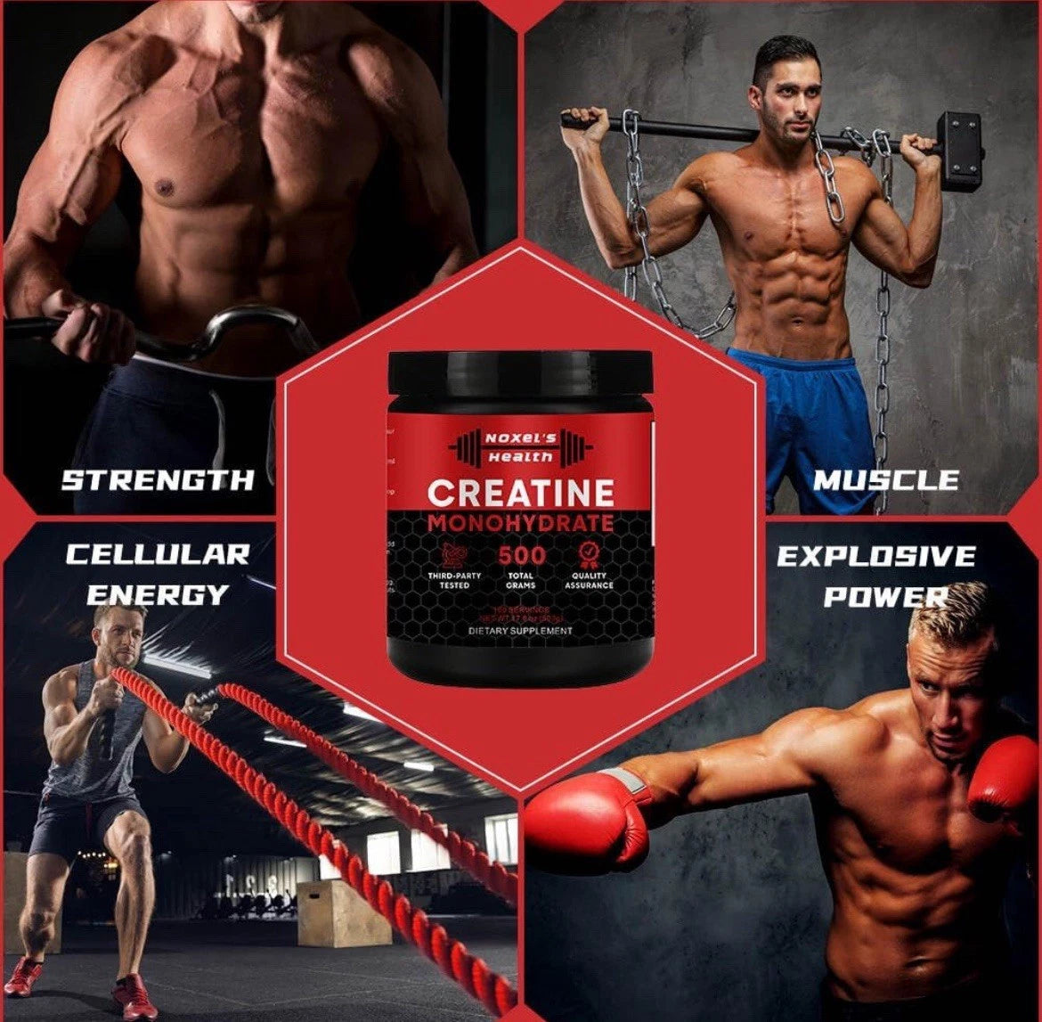 Noxels Health Creatine Monohydrate Powder - 100 Servings (5g) of Micronized Creatine Powder per Serving Creatine Pre Workout Creatine for Building Muscle Creatine Monohydrate 500g (1.1 lbs)